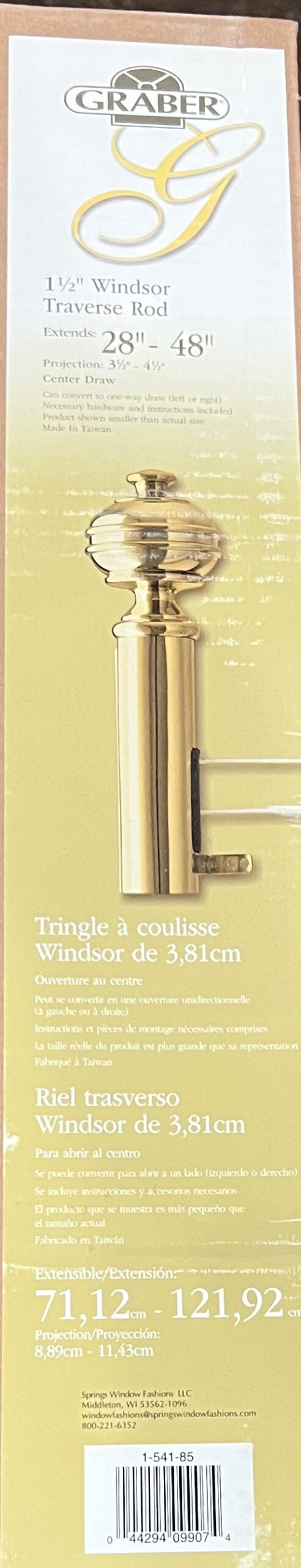 Graber 1 1/2" Windsor Traverse Rod, Extends 28"-48", Projection 3 1/2"-4 1/2", Center Draw, Brass, #1-541-85